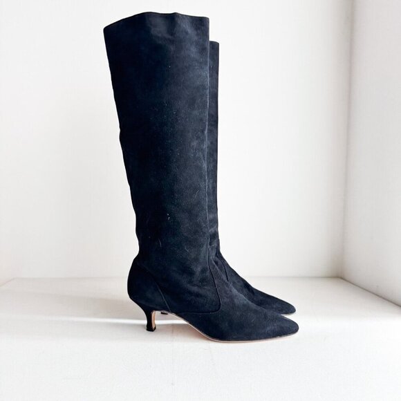 Vintage Manolo Blahnik Knee High Black Suede Kitten Heel Boots 37 - Picture 1 of 11